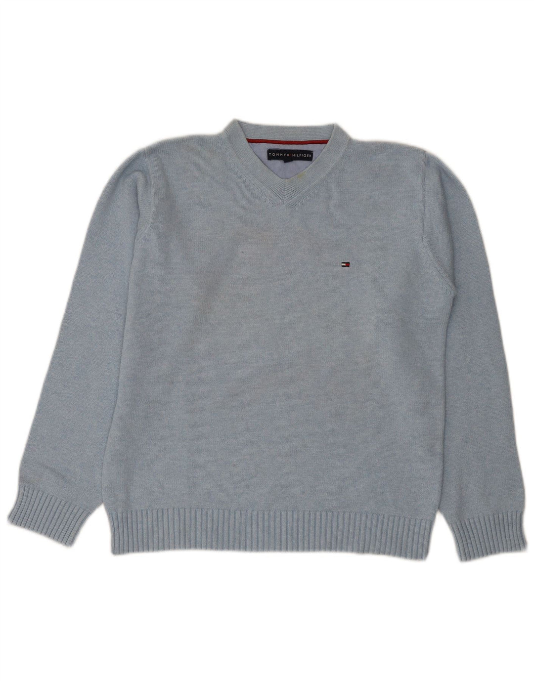 Suéter masculino Tommy Hilfiger com decote em V de algodão azul médio