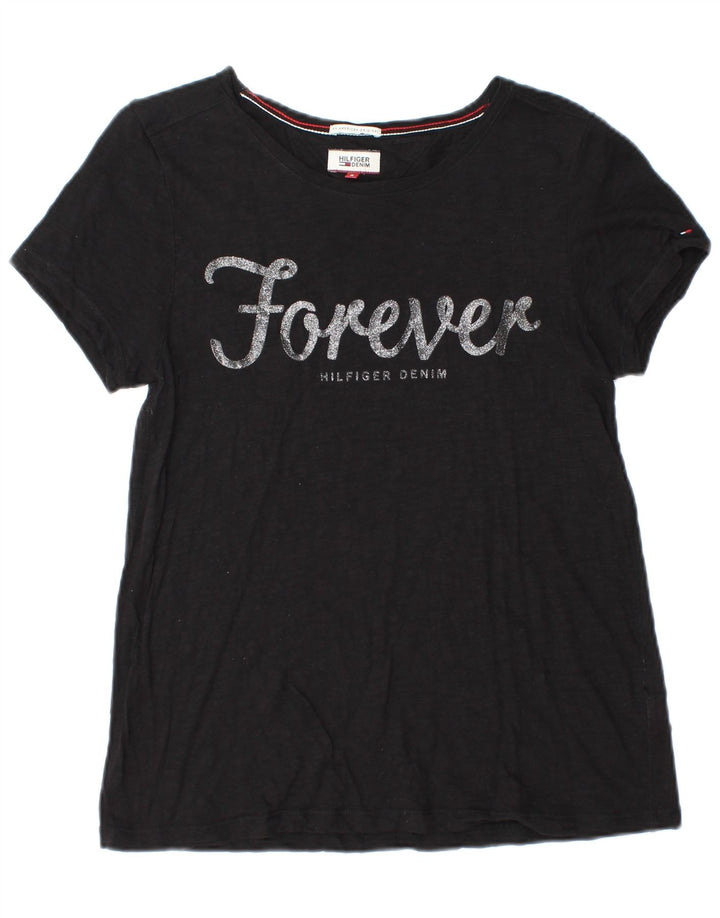 Camiseta feminina TOMMY HILFIGER com estampa gráfica Reino Unido 10 pequeno algodão preto