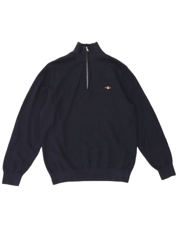 Suéter masculino Gant com zíper e gola grande de algodão azul marinho