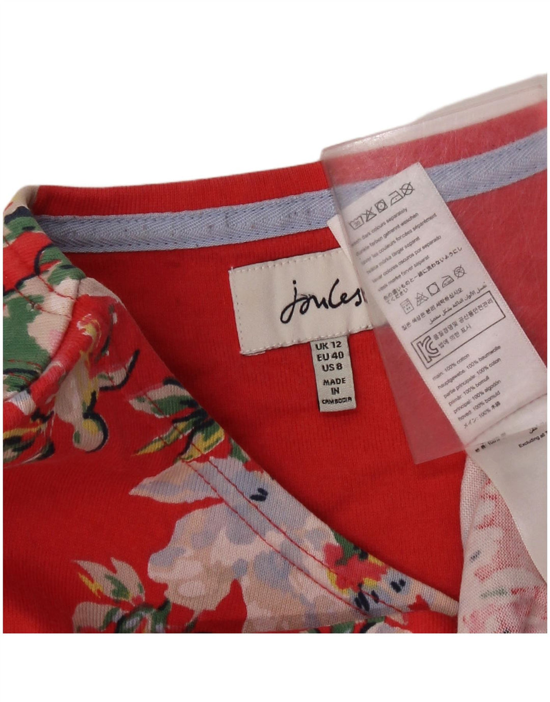 JOULES Top feminino de manga comprida UK 12 algodão floral vermelho médio
