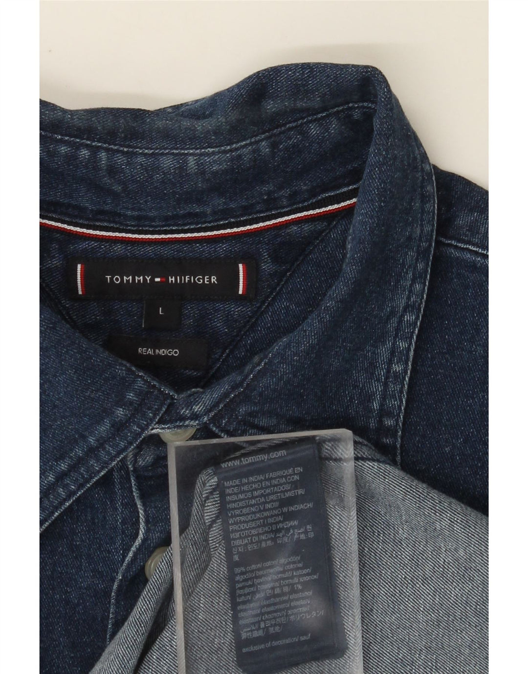 TOMMY HILFIGER Camisa jeans masculina Indigo grande algodão azul