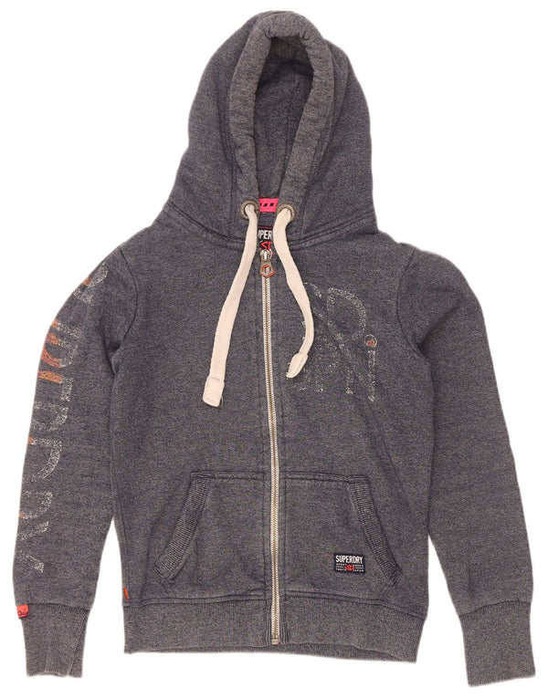 Suéter feminino Superdry com capuz e zíper gráfico UK 10 pequeno algodão cinza