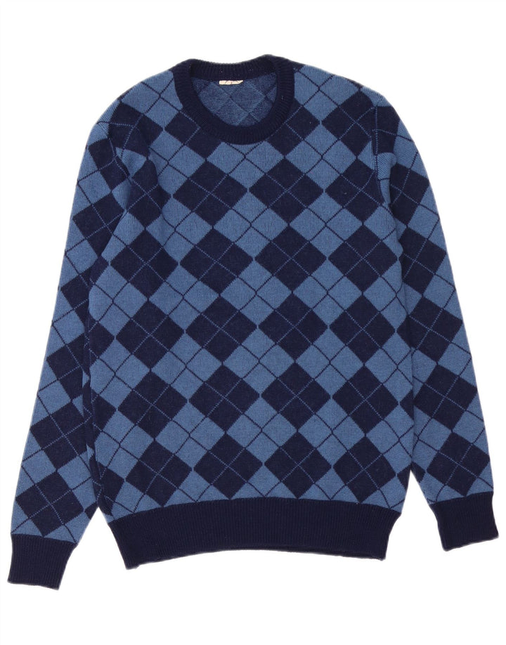 Suéter vintage masculino com gola redonda, médio, azul marinho, Argyle/Diamante