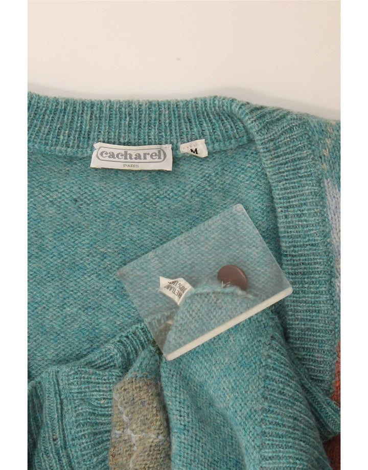Suéter cardigã masculino Cacharel médio turquesa Argyle/lã diamante