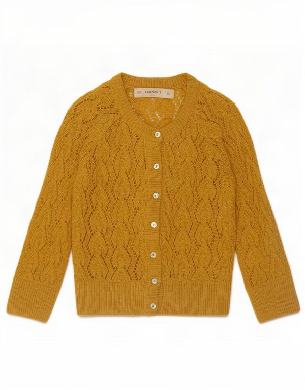 Suéter cardigã feminino Zara UK 10 pequeno acrílico amarelo