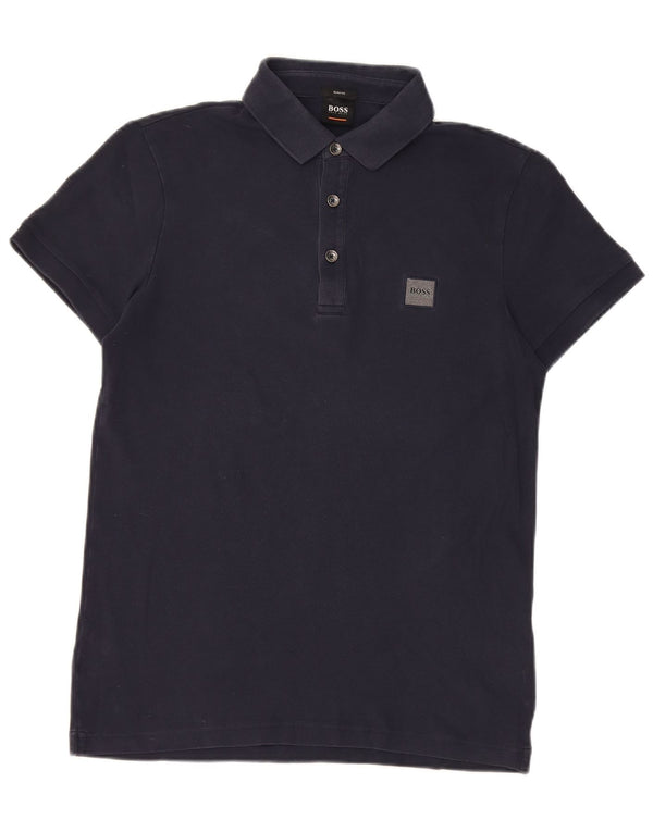 Camisa polo masculina Hugo Boss Slim Fit pequena algodão azul marinho