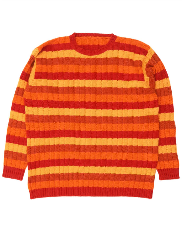 Suéter vintage masculino com gola redonda, tamanho 52, listrado grande multicolorido