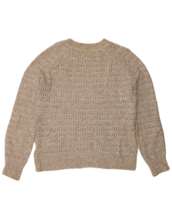 Suéter feminino Fat Face com gola canoa grande Reino Unido 8 pequeno bege nylon