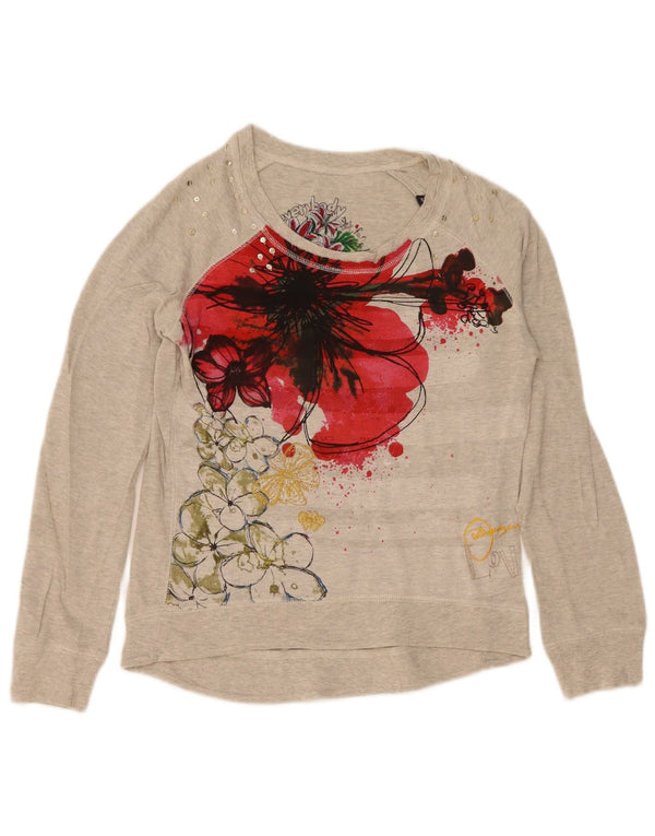 Top gráfico feminino Desigual manga comprida UK 14 algodão floral cinza médio