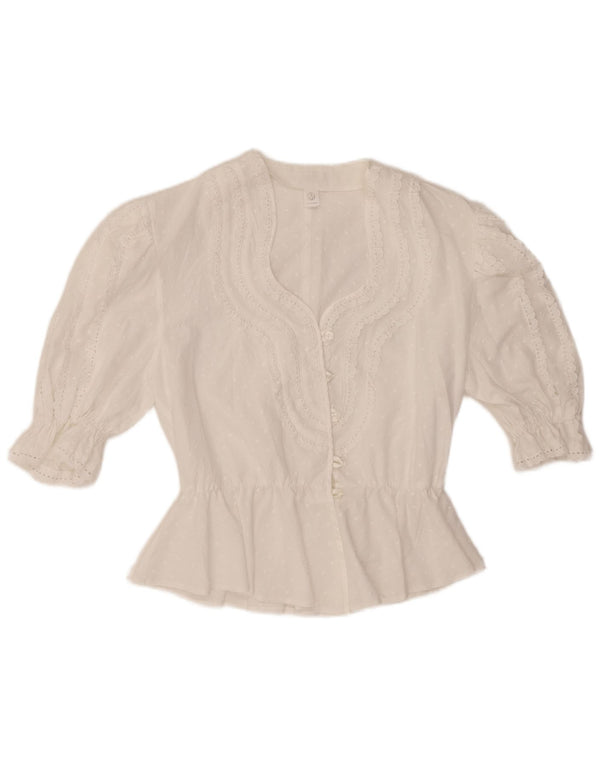 Blusa feminina VINTAGE manga curta Reino Unido 14 médio branco manchado