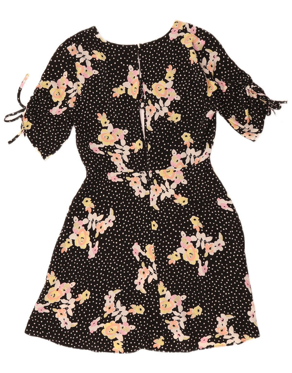 Vestido evasê feminino Topshop Reino Unido 10 pequeno poliéster floral preto