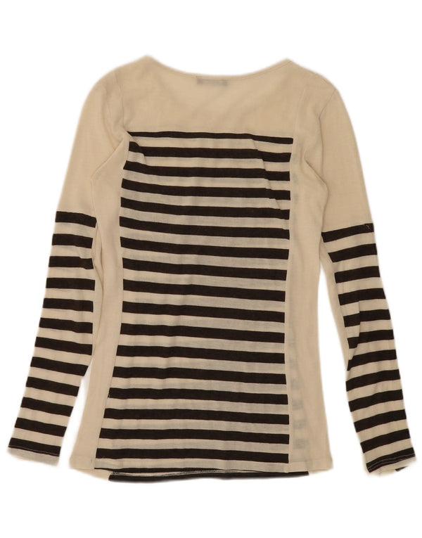 Top feminino Zara de manga comprida UK 8 pequeno listrado bege