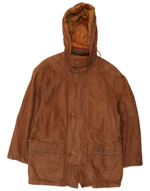 Casaco de couro masculino vintage com capuz UK 40 grande marrom