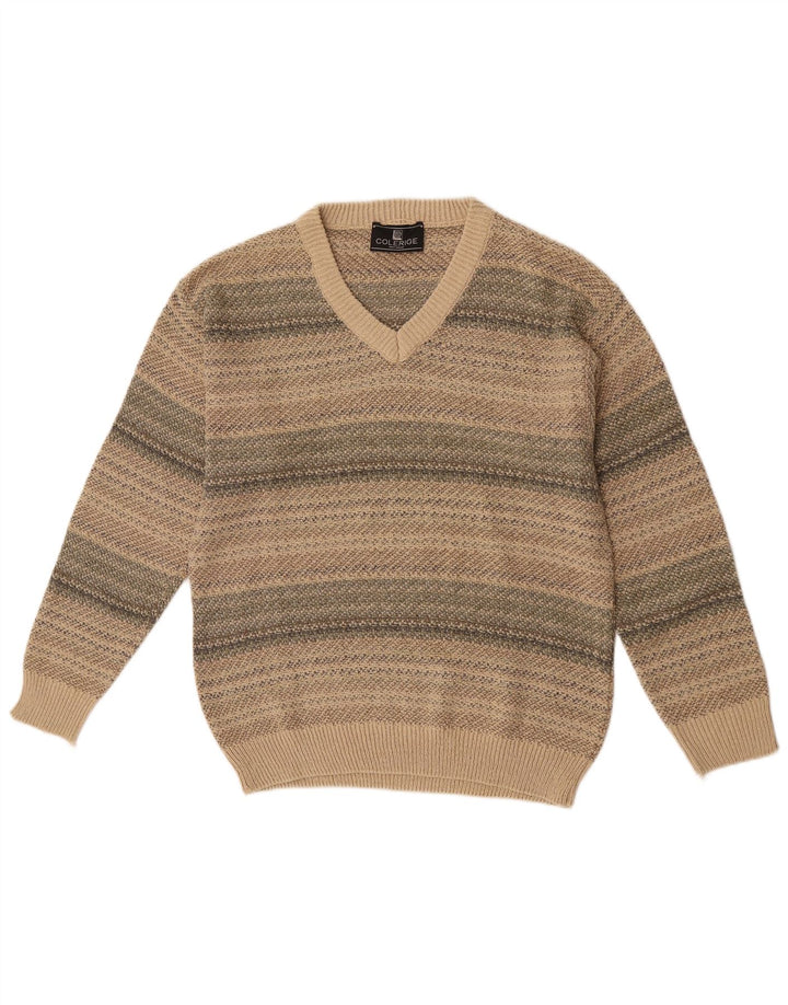 Suéter masculino vintage com decote em V listrado bege médio