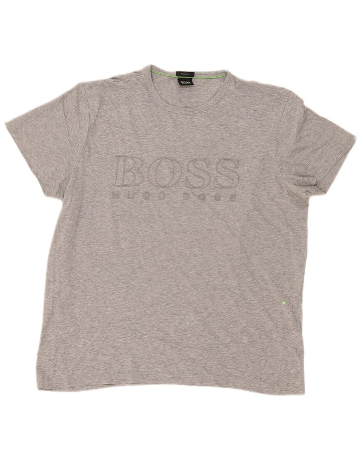 Camiseta masculina Hugo Boss com ajuste regular e estampa gráfica grande de algodão cinza