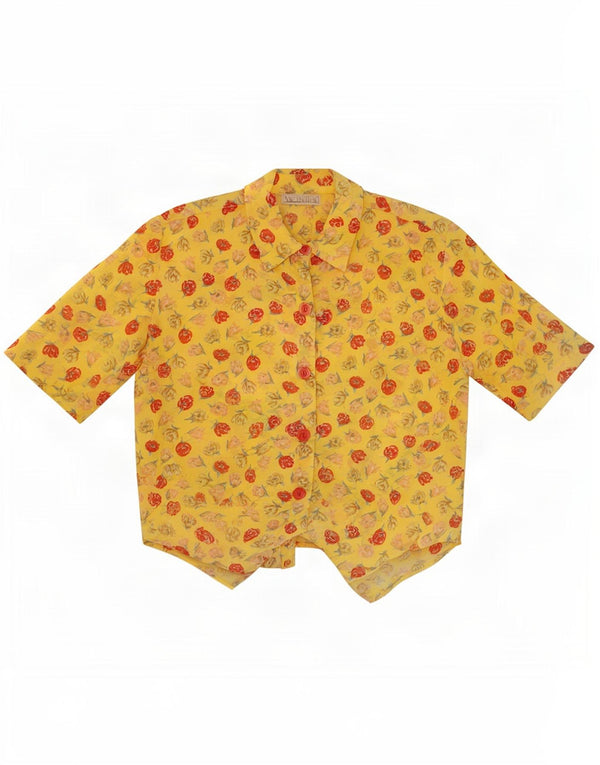 Blusa feminina vintage manga curta cropped UK 14 médio amarelo floral