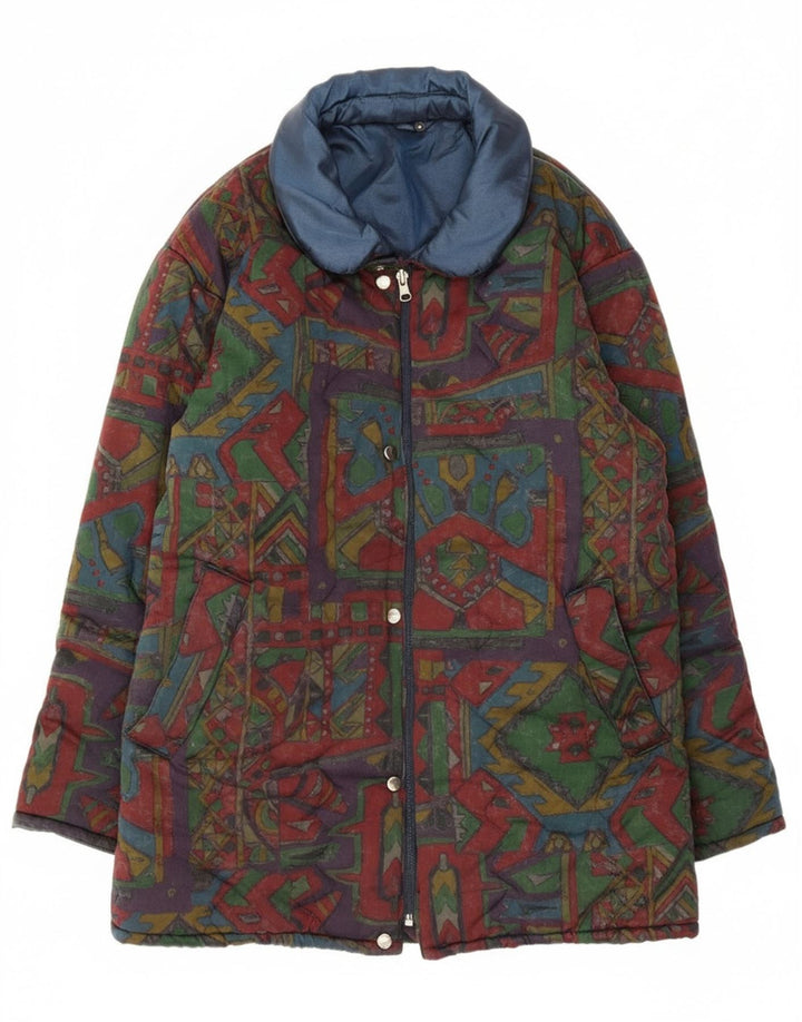 Jaqueta acolchoada reversível masculina vintage UK 40 grande geométrica multicolorida