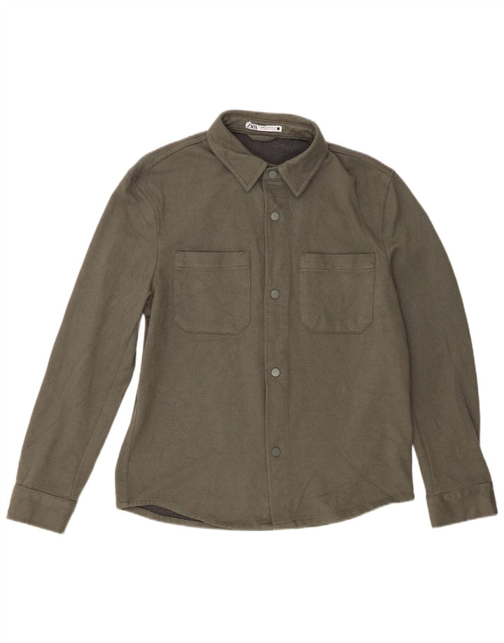 Zara Camisa masculina de flanela média verde viscose