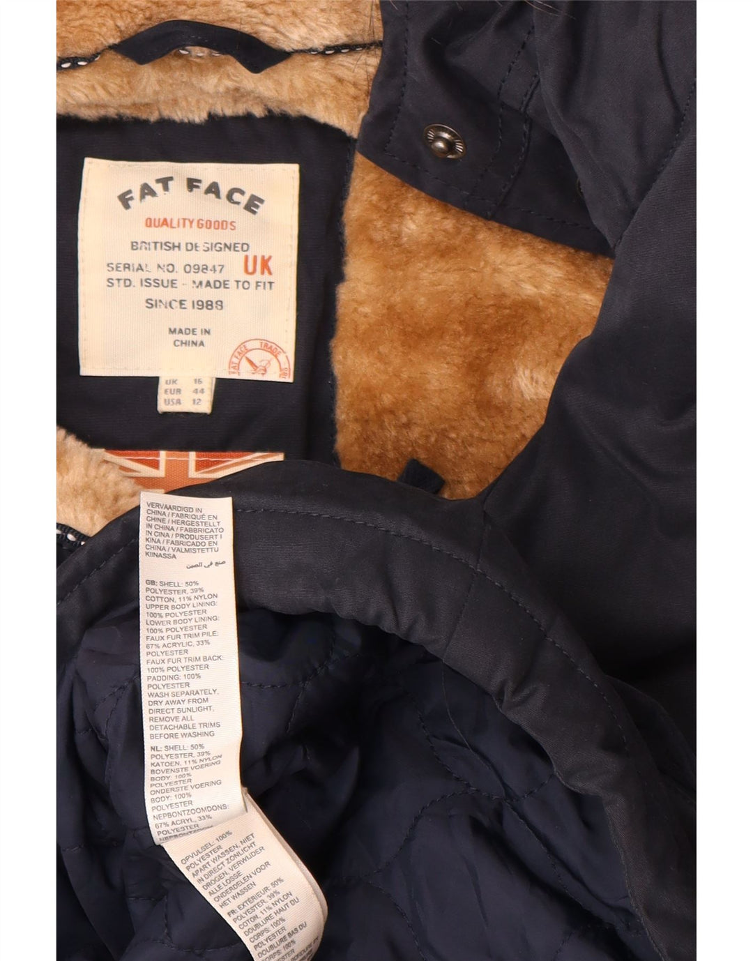 Jaqueta Sherpa Parka com capuz feminino Fat Face, poliéster azul marinho grande Reino Unido 16
