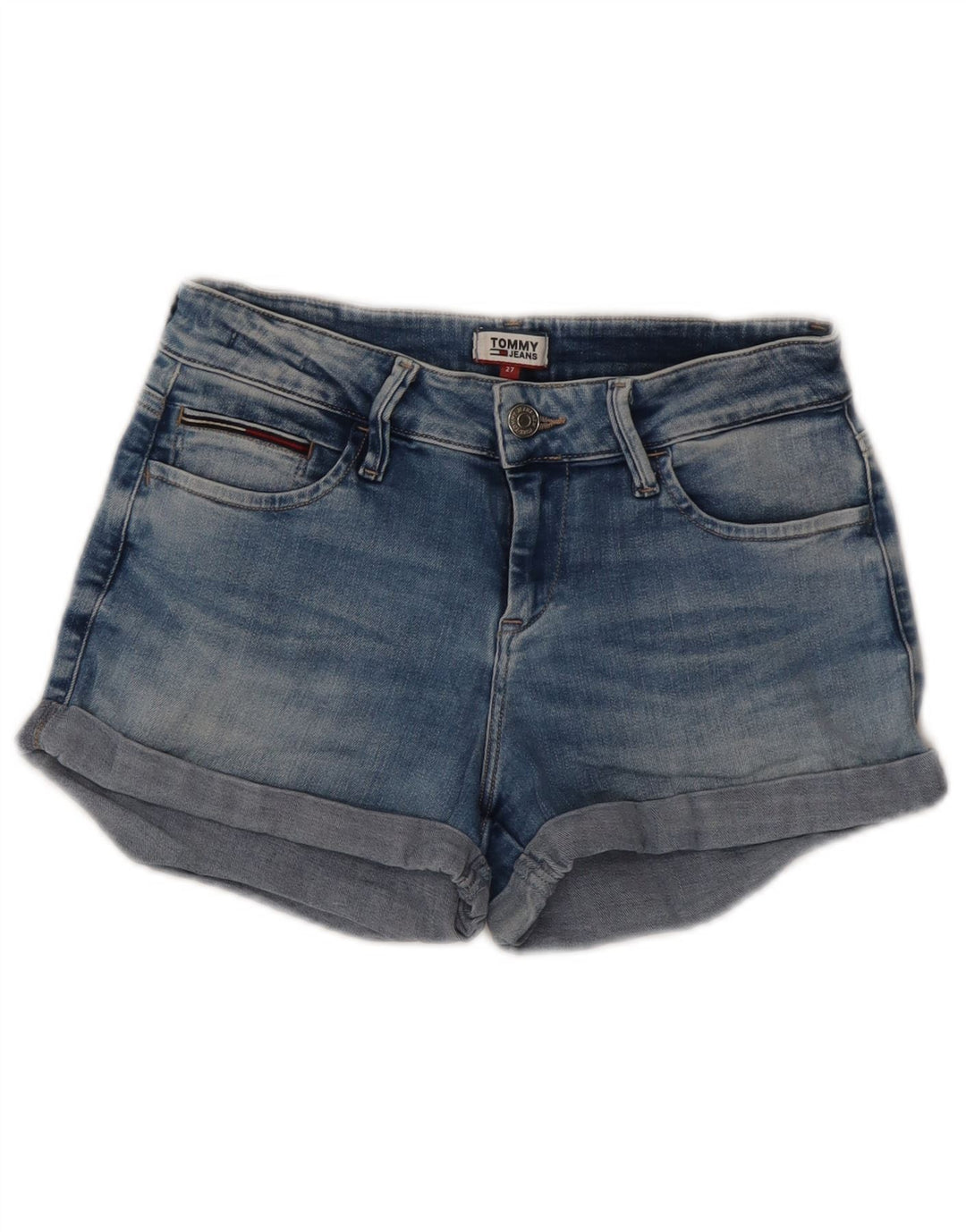 Shorts jeans feminino Tommy Hilfiger W27 pequeno algodão azul