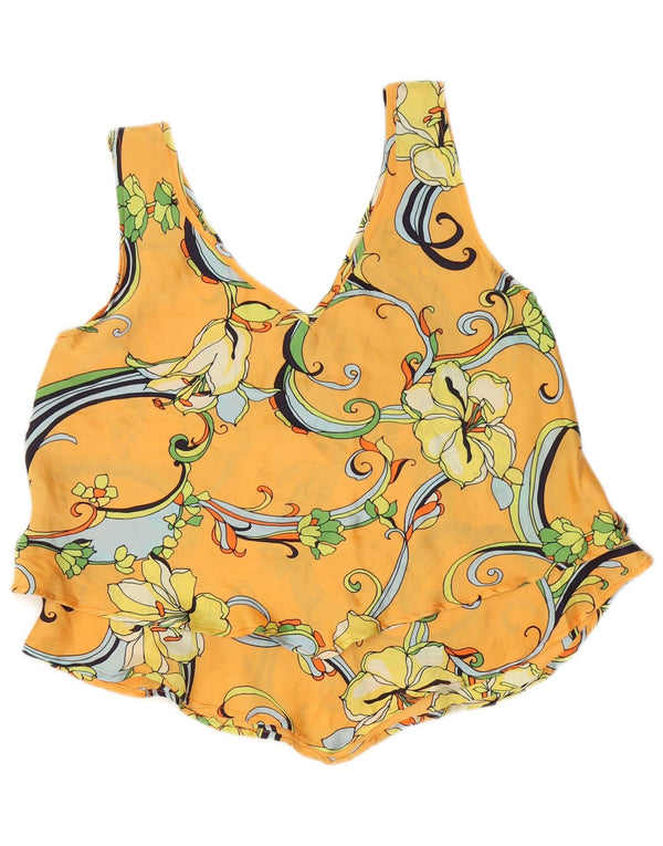 Blusa feminina vintage sem mangas UK 14 médio laranja floral