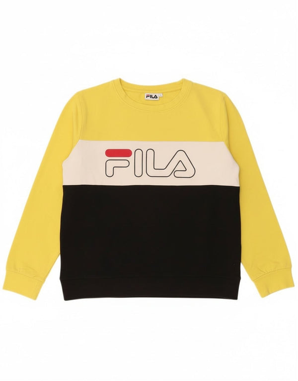Fila moletom gráfico feminino jumper UK 16 grande amarelo colorblock algodão