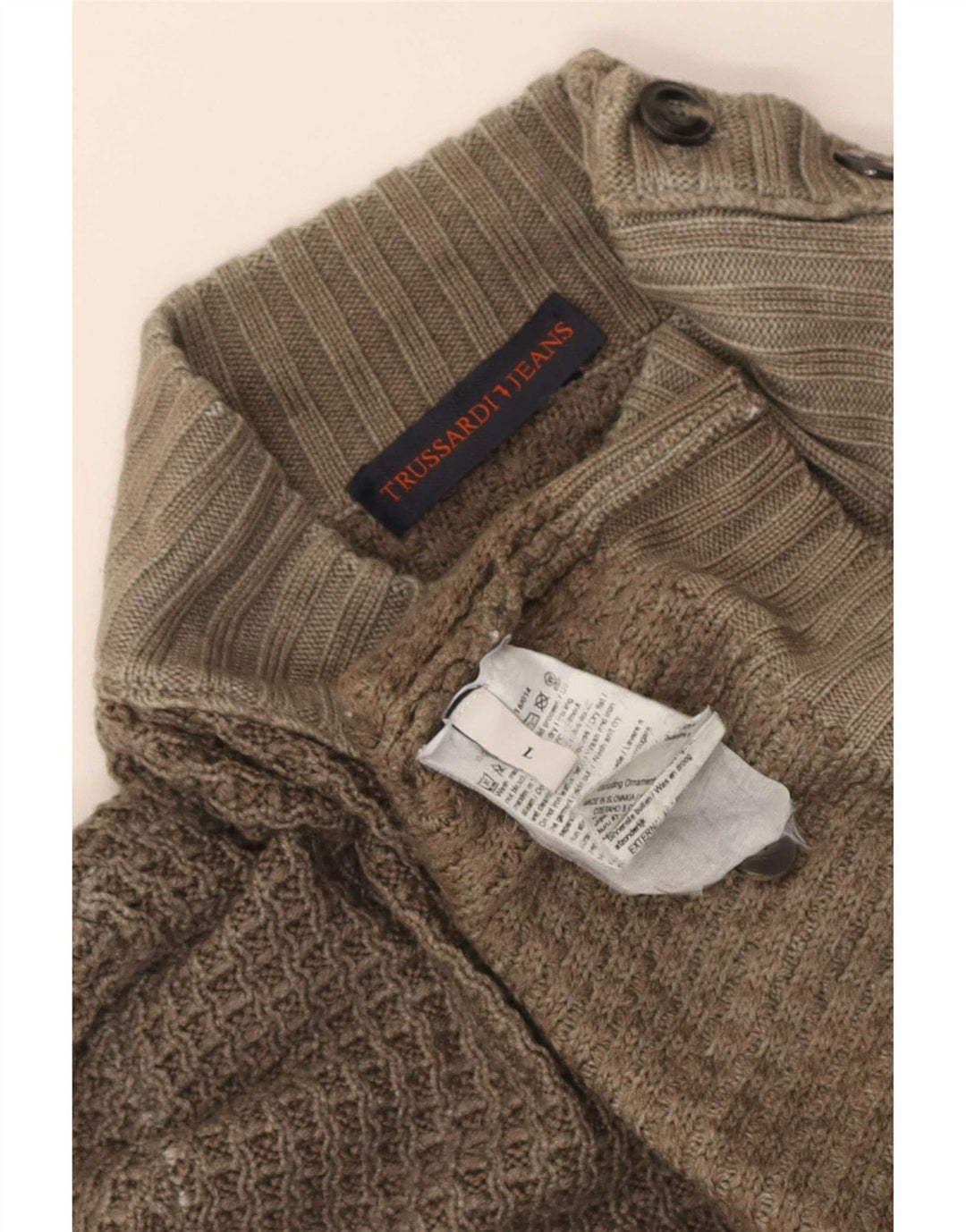 Trussardi Jeans Suéter masculino com gola tartaruga, grande lã cáqui