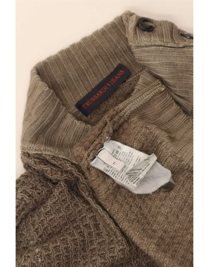 Trussardi Jeans Suéter masculino com gola tartaruga, grande lã cáqui