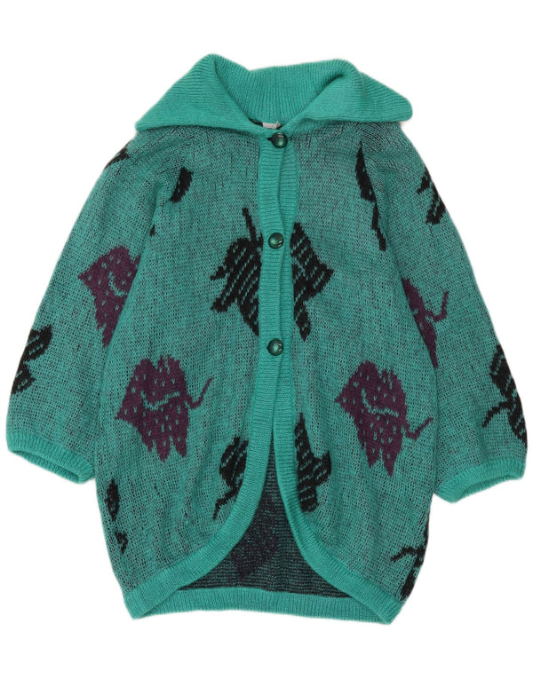Suéter cardigã feminino vintage com palangre UK 16 grande floral turquesa