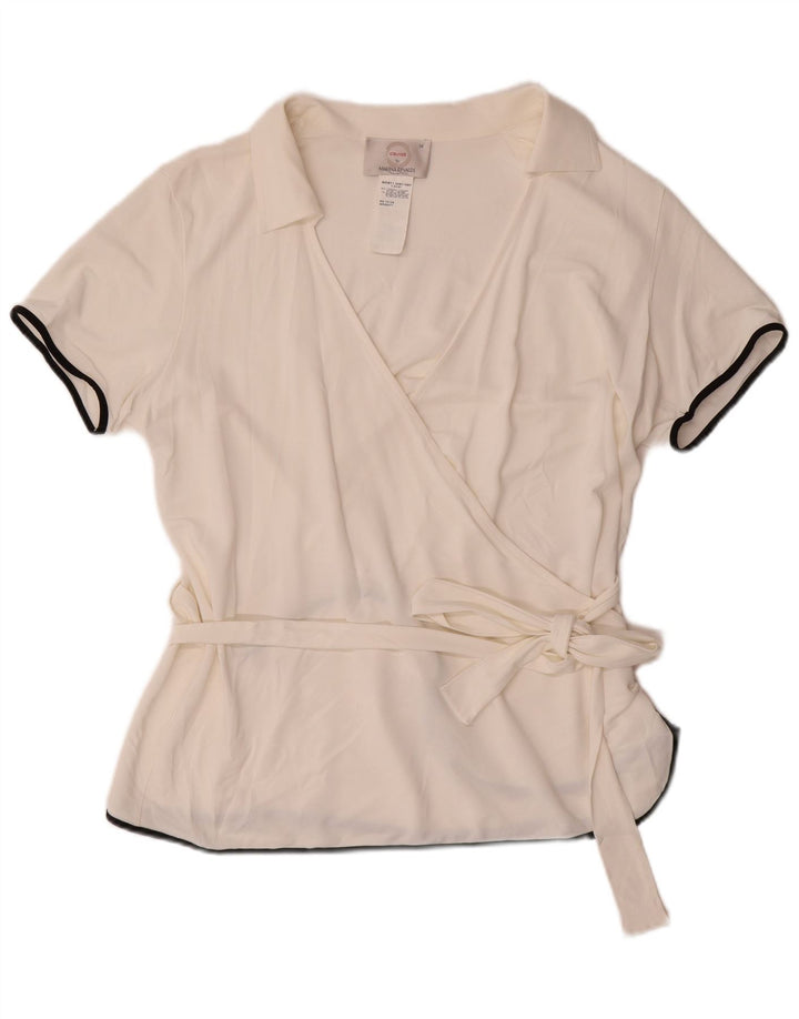 MARINA RINALDI blusa feminina manga curta envolvente Reino Unido 14 médio branco