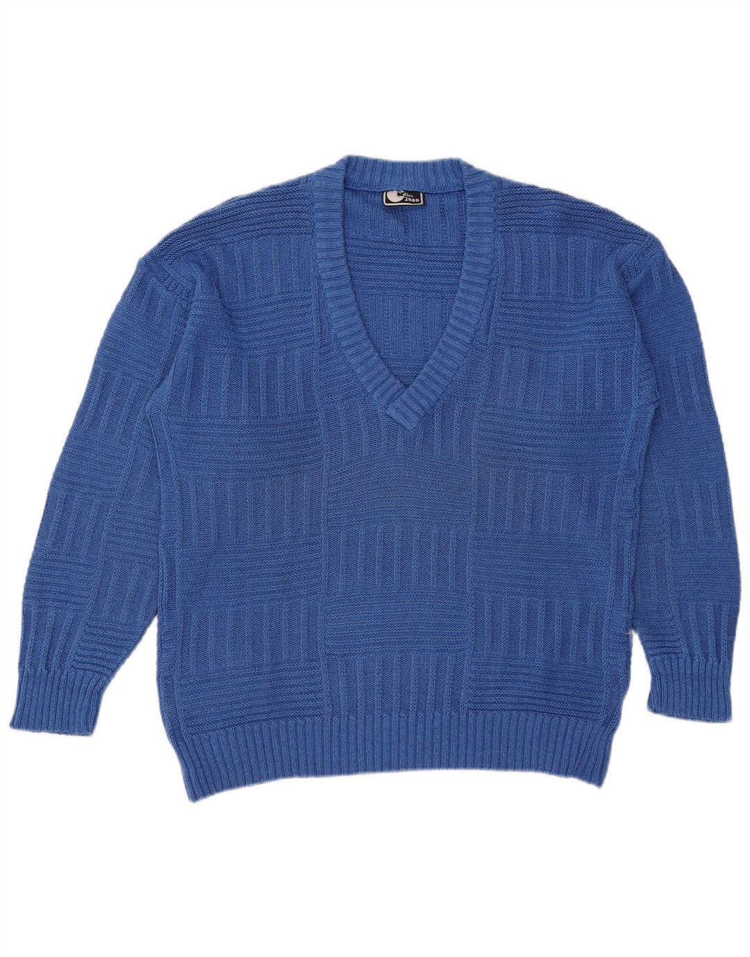 Suéter masculino vintage com decote em V de algodão azul médio
