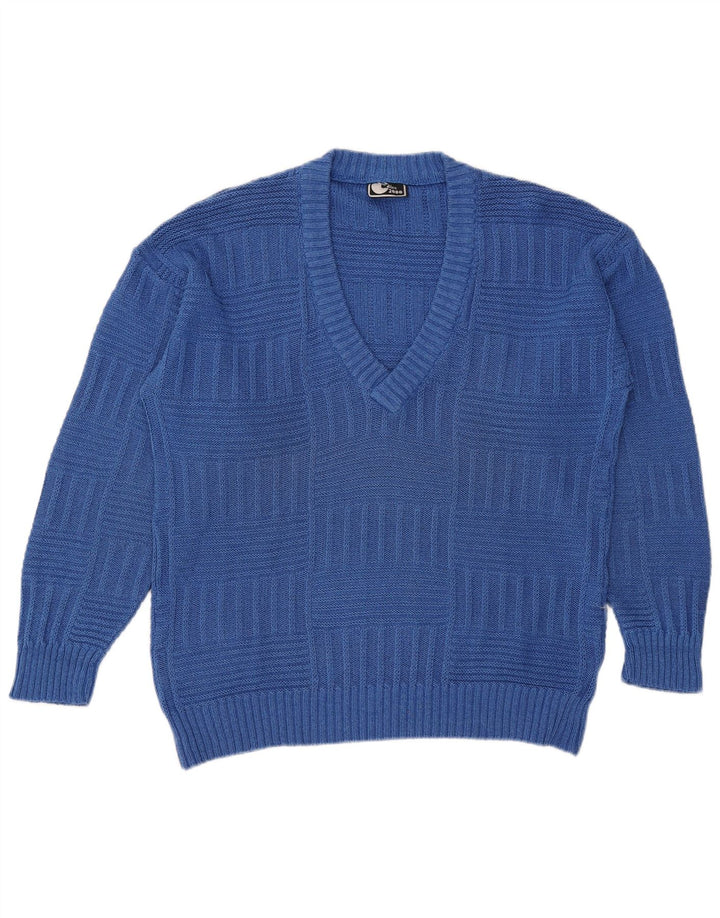 Suéter masculino vintage com decote em V de algodão azul médio