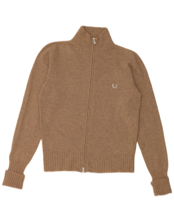 Suéter cardigã feminino Fred Perry Reino Unido 14 grande lã merino bege
