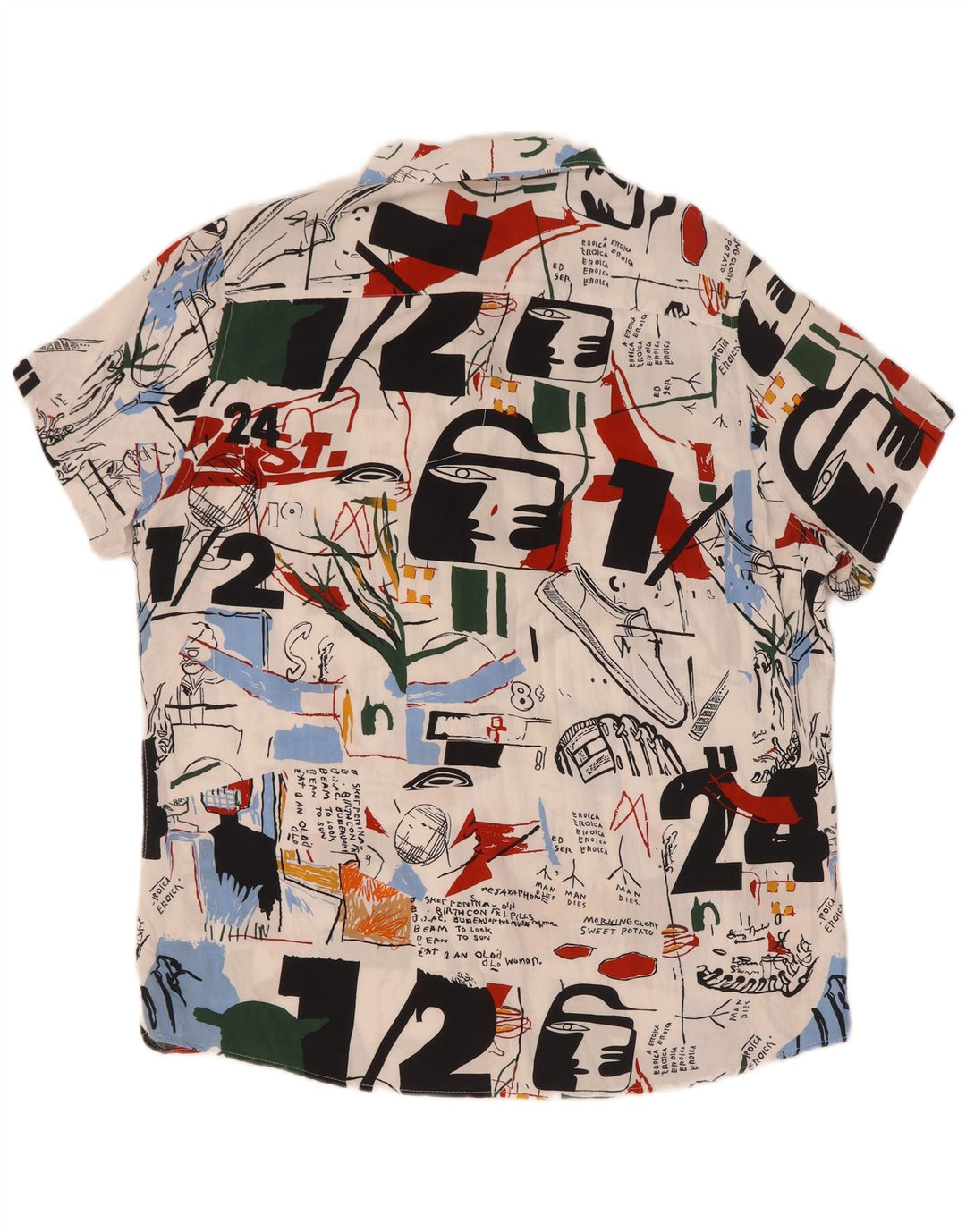 Vintage masculino abstrato Padrão camisa de manga curta XL viscose multicolorida