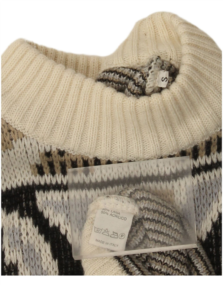 Suéter vintage masculino com gola simulada, pequena lã geométrica multicolorida