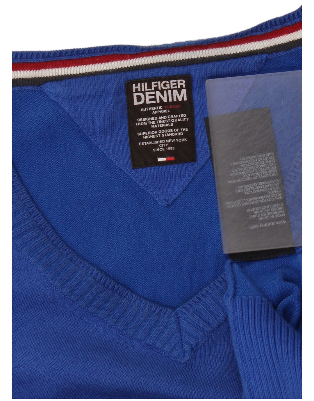 Tommy Hilfiger Suéter masculino com decote em V de algodão azul médio