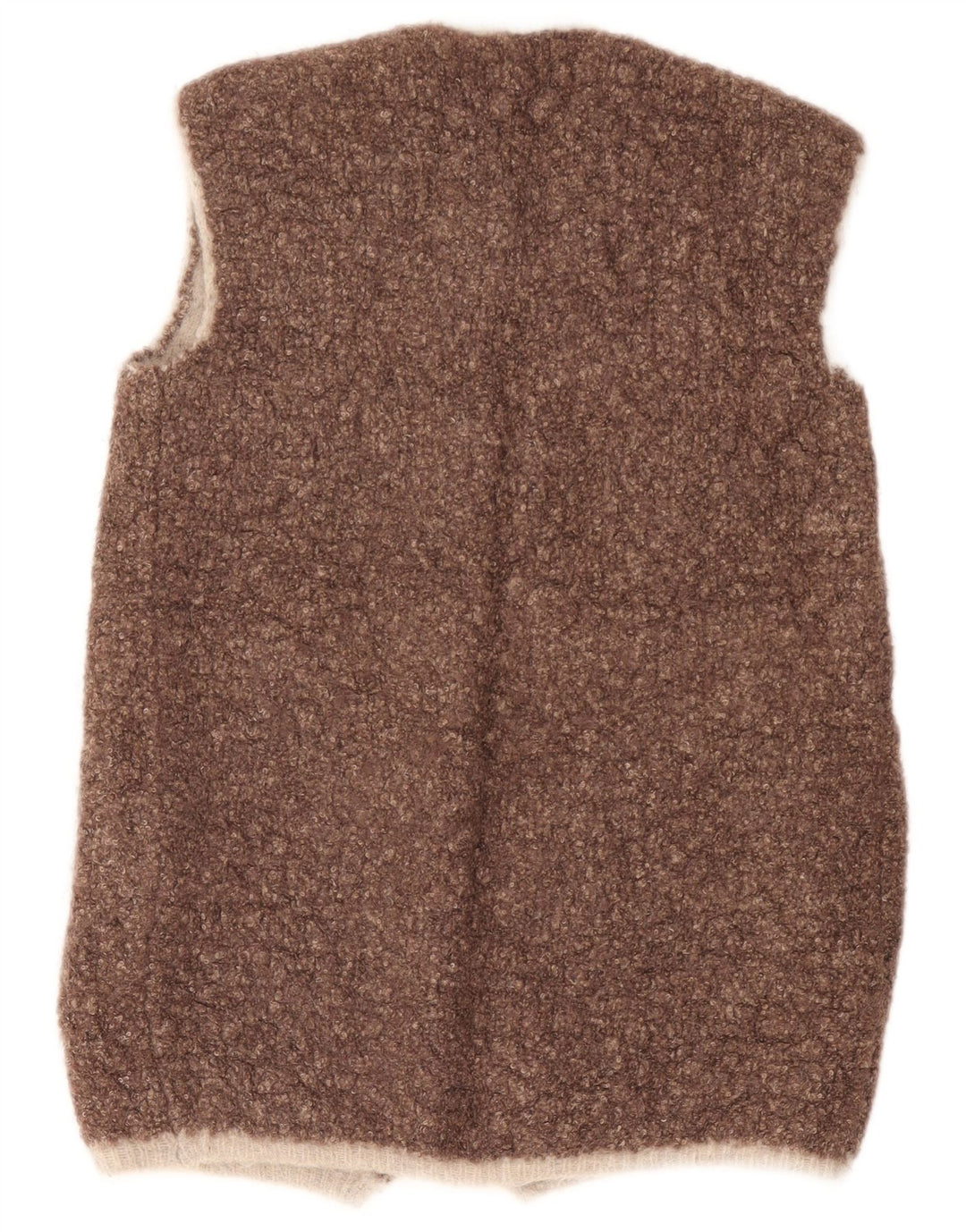 Suéter cardigã aberto sem mangas feminino vintage Reino Unido 14 marrom médio