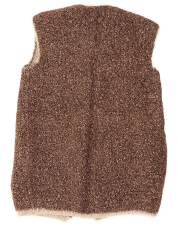 Suéter cardigã aberto sem mangas feminino vintage Reino Unido 14 marrom médio