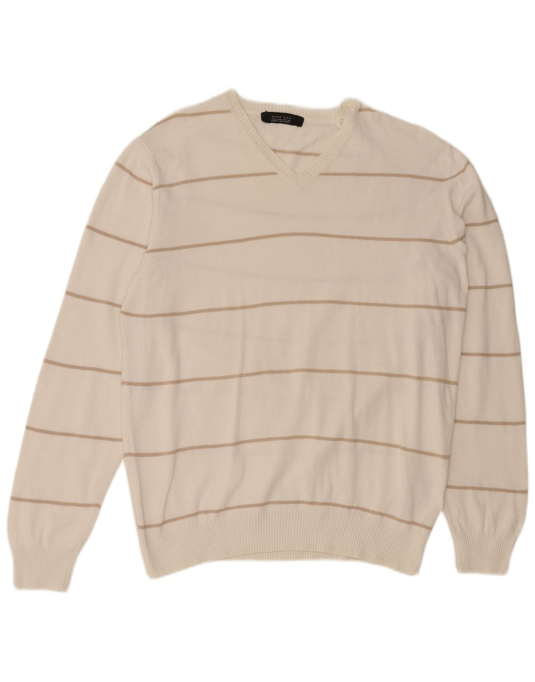Suéter masculino ZARA com decote em V, grande algodão listrado branco
