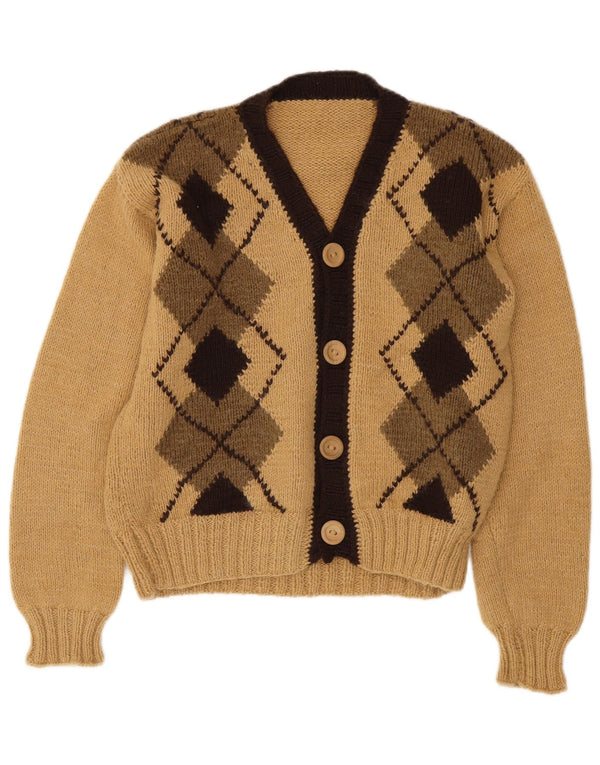 Suéter Cardigan Feminino Vintage UK 14 Médio Bege Argyle/Diamante