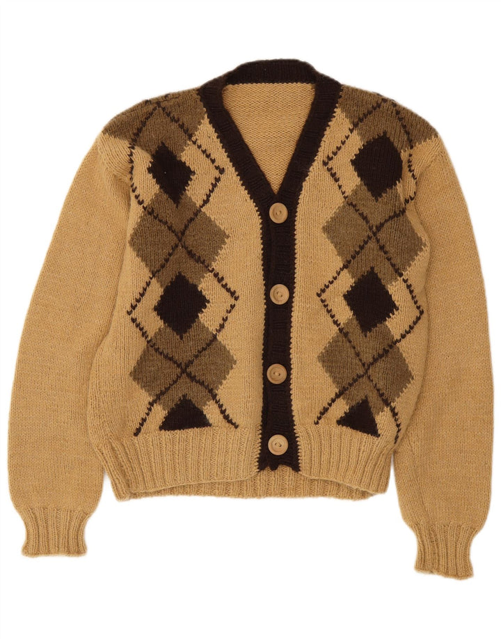 Suéter Cardigan Feminino Vintage UK 14 Médio Bege Argyle/Diamante