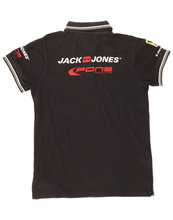 Camisa polo masculina Jack & Jones com estampa gráfica pequena de algodão preto