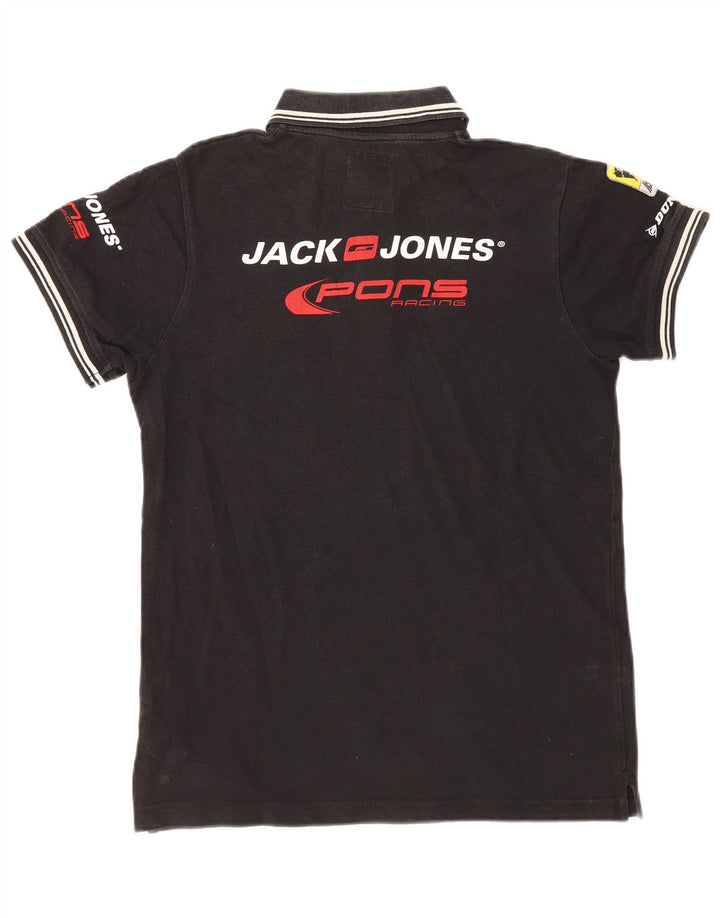 Camisa polo masculina Jack & Jones com estampa gráfica pequena de algodão preto