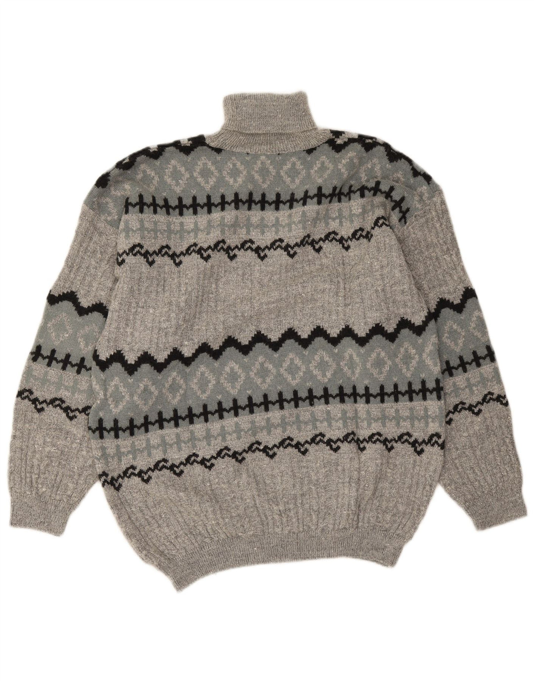 Suéter masculino vintage com gola redonda, lã grande cinza Fair Isle Alpaca