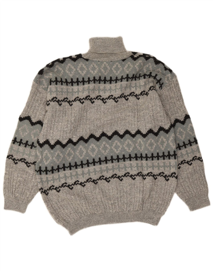 Suéter masculino vintage com gola redonda, lã grande cinza Fair Isle Alpaca