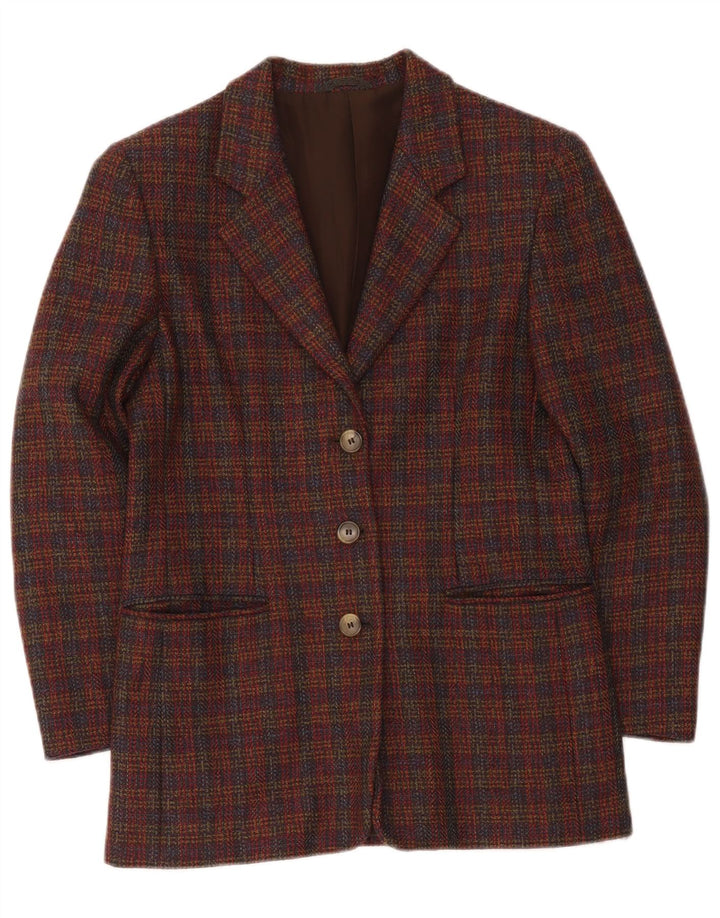 Jaqueta blazer oversized feminina vintage com 3 botões Reino Unido 10 pequena verificação borgonha