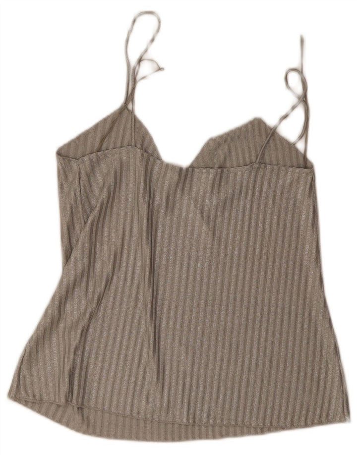 Zara Womens Cami Top UK 14 poliéster listrado cinza médio