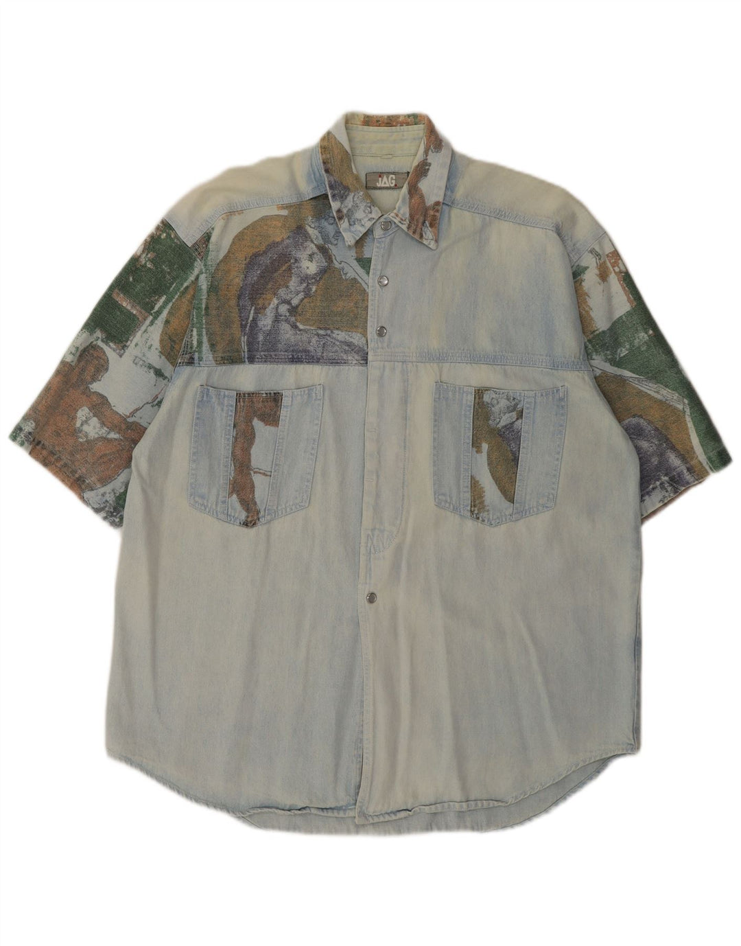 Camisa jeans masculina vintage de manga curta grande patchwork azul retrô