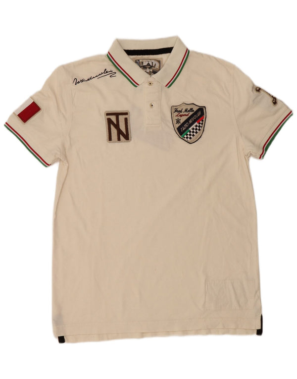 Camisa polo masculina gráfica Fred Mello de algodão branco médio