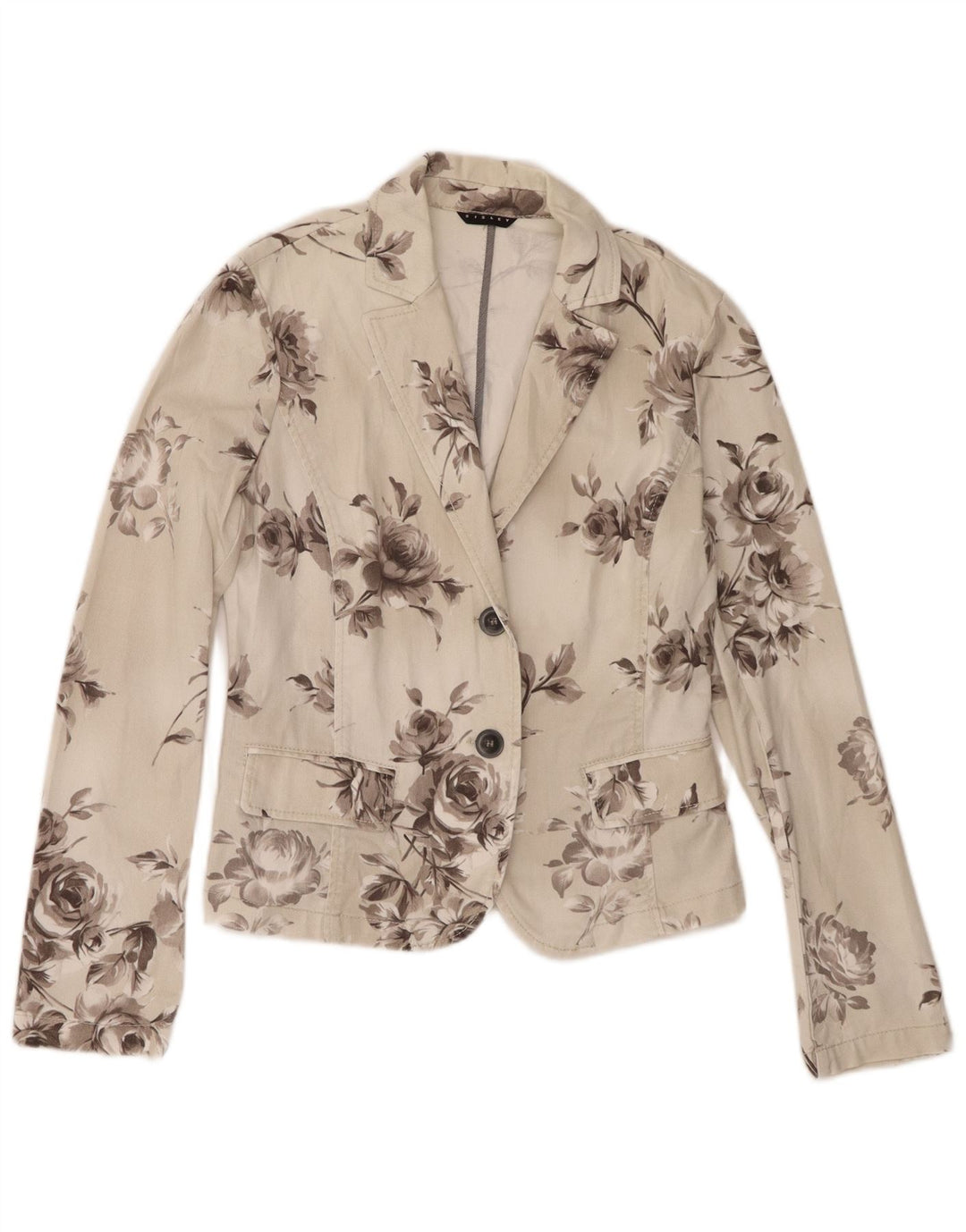 Jaqueta blazer jeans Sisley feminina com 2 botões Reino Unido 10 pequeno off white floral